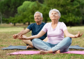 Elderly couple doing yoga