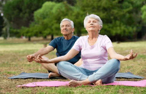 Elderly couple doing yoga