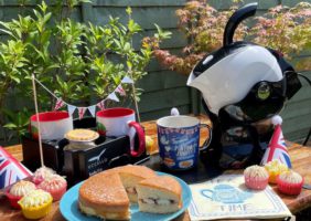 Afternoon tea set up. Cup cakes, sponge cake, with the Uccello Kettle, Muggi Cup Holder and Uccello Grip Mat