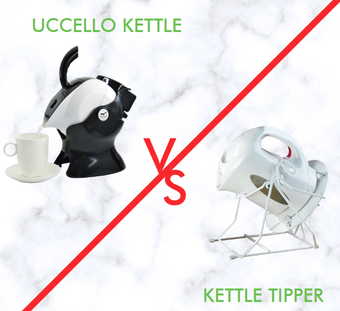 Image of the Uccello Kettle beside an image of a kettle tipper